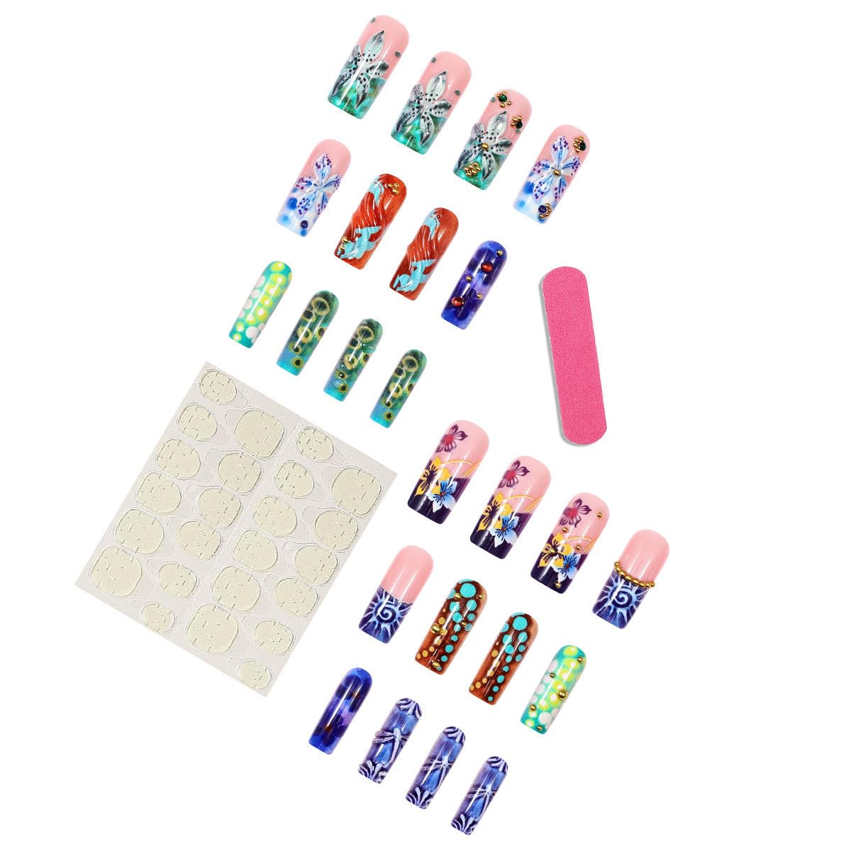 plalely Long Square Press on Nails,Handmade Acrylic Press on Nails with Designs，Long Press on Nail for Women 24pcs