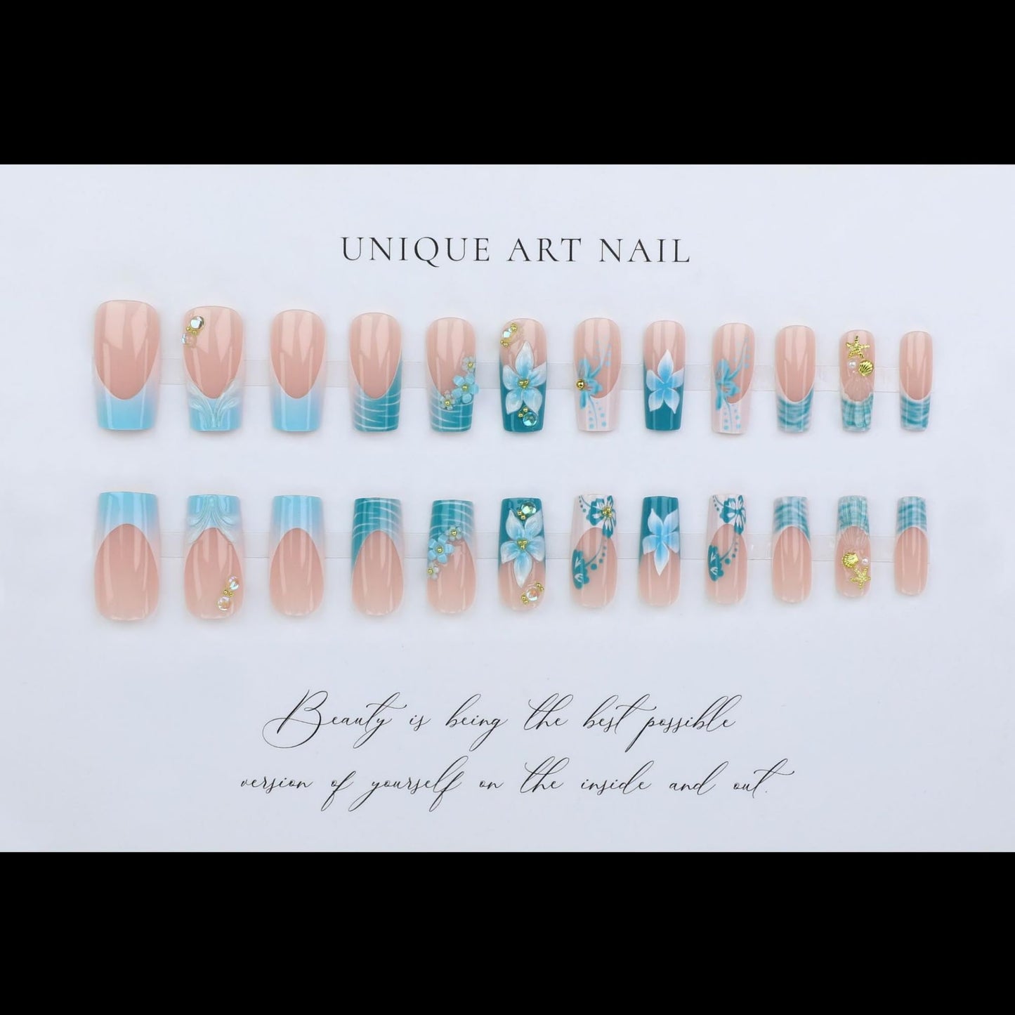 Medium Press on Nails Square Blue Flowers Stick on Nail for Women 24pcs