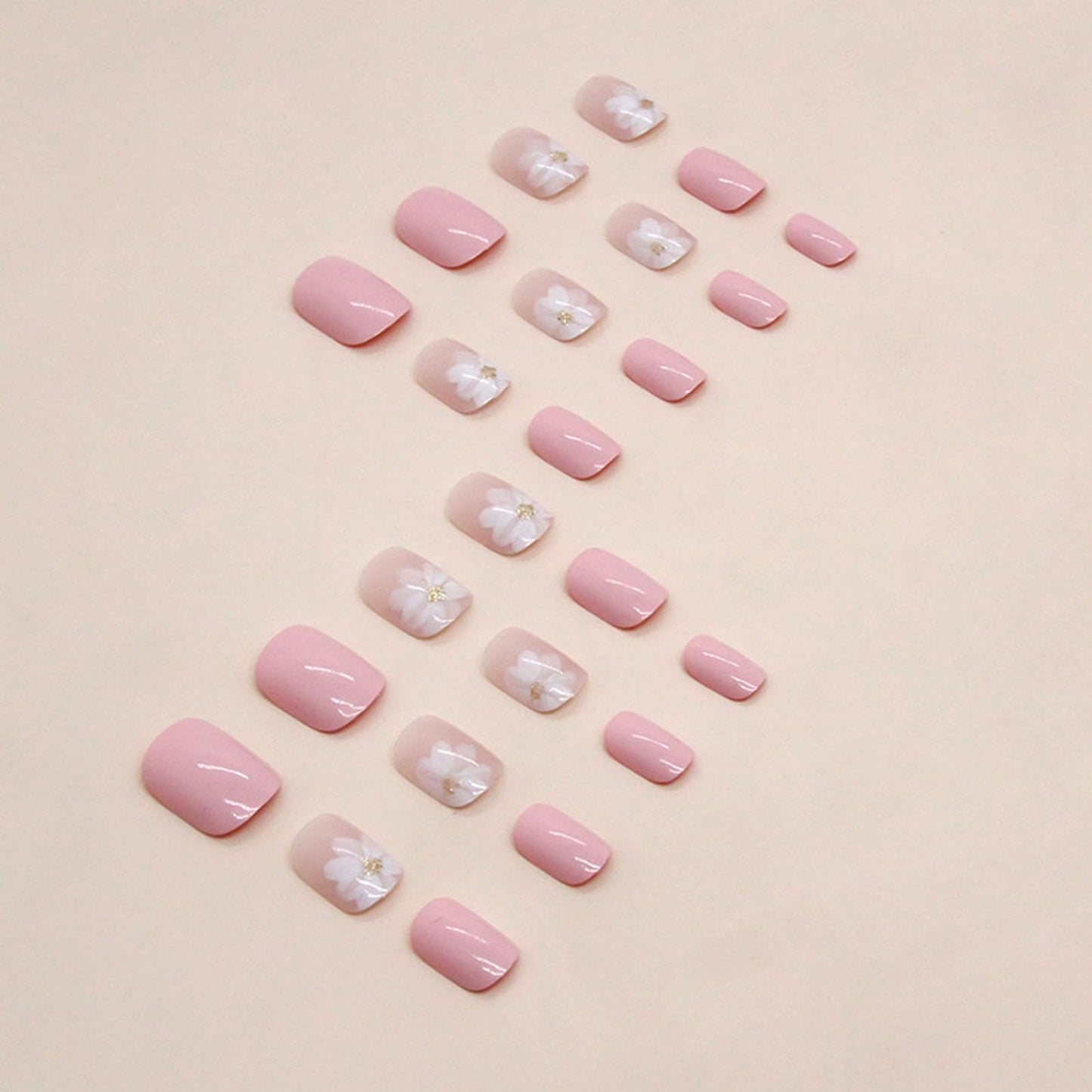 Square Press on Nails Short Fake Nails with White Flower Designs Pink Nails Press ons Glossy Glue on Nails Cute Acrylic Nails Spring False Nails Artificial Stick on Nails for Women 24Pcs