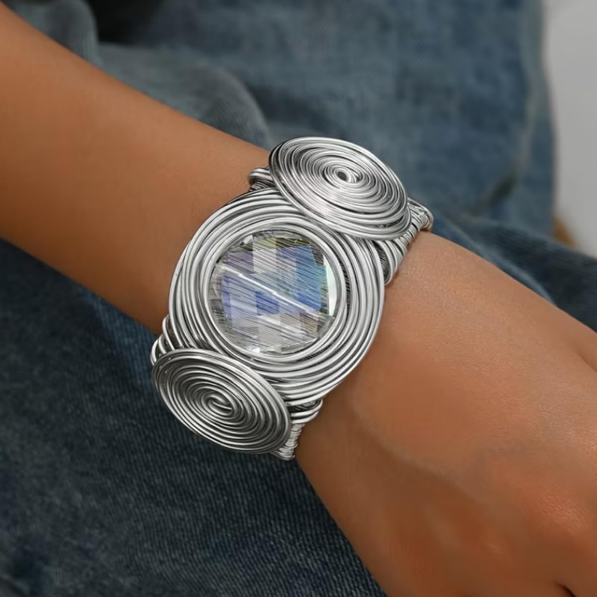 MOEEIJEW Chunky Gold Cuff Bangles Bracelets for Women Wide Silver Open African Bangle Large Rhinestone Bracelets Trendy Punk Jewelry(Gray Crystal)