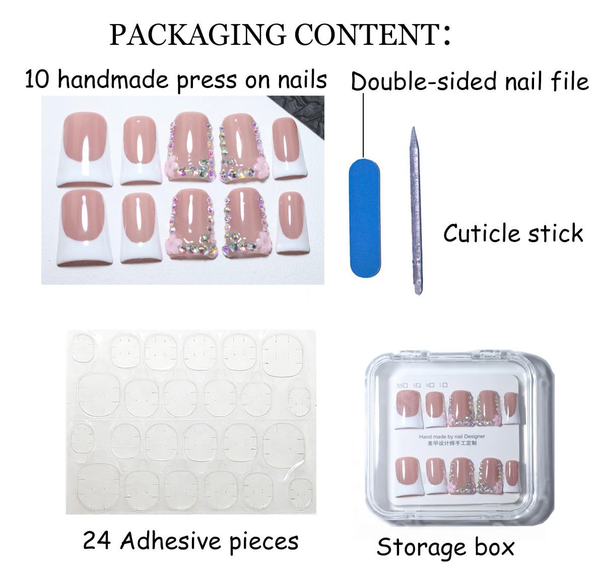 10Pcs Duck Shape Handmade Press On Nails | Easy Apply & Remove, Reusable Salon Quality Nails | Elegant Nude Pink Fake Nails with 3D Flower & Iridescent Rhinestone Classic French Accents (251207, S)
