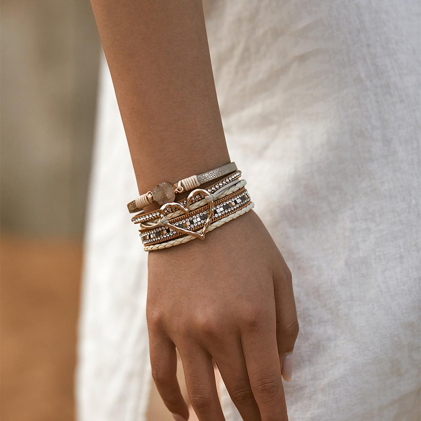 Leopard Bracelet for Women, Boho Leather Wrap Multi-Layer Pearl Crystal Bracelet Bangle Jewelry (Heart Leather(Khaki))