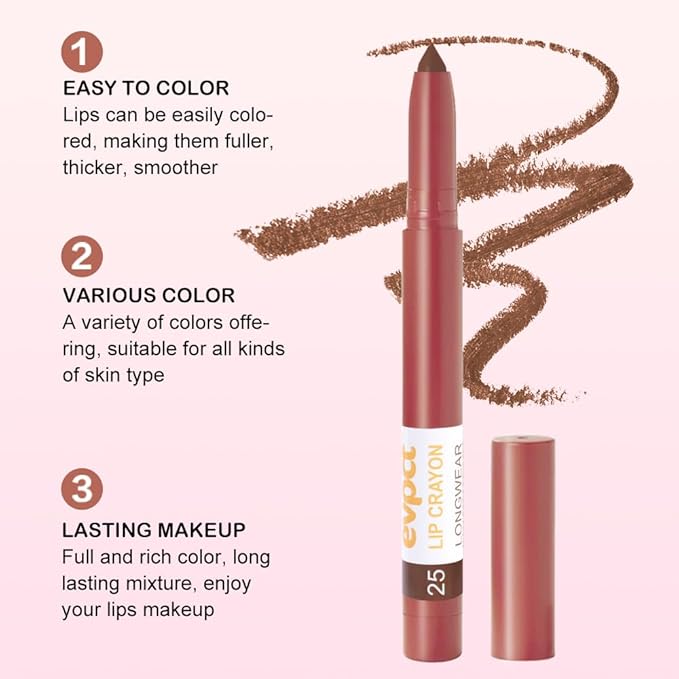 evpct Dark Brown Lip Liner Crayon Pencils Set for Women, Matte Lip Stick Crayon Long Lasting, Lips Pencil Liner and Lipstick set, Lipliner Pencil, 24 Hours Long Wearing Lipstick Built-in Sharpener 25
