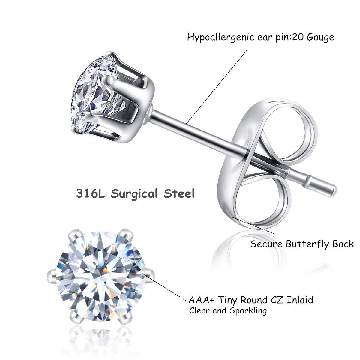 FOSIR 10 Pairs 4mm Tiny Women's Surgical Stainless Steel Clear Cubic Zirconia Stud Earrings, Hypoallergenic 316L Earrings Pack