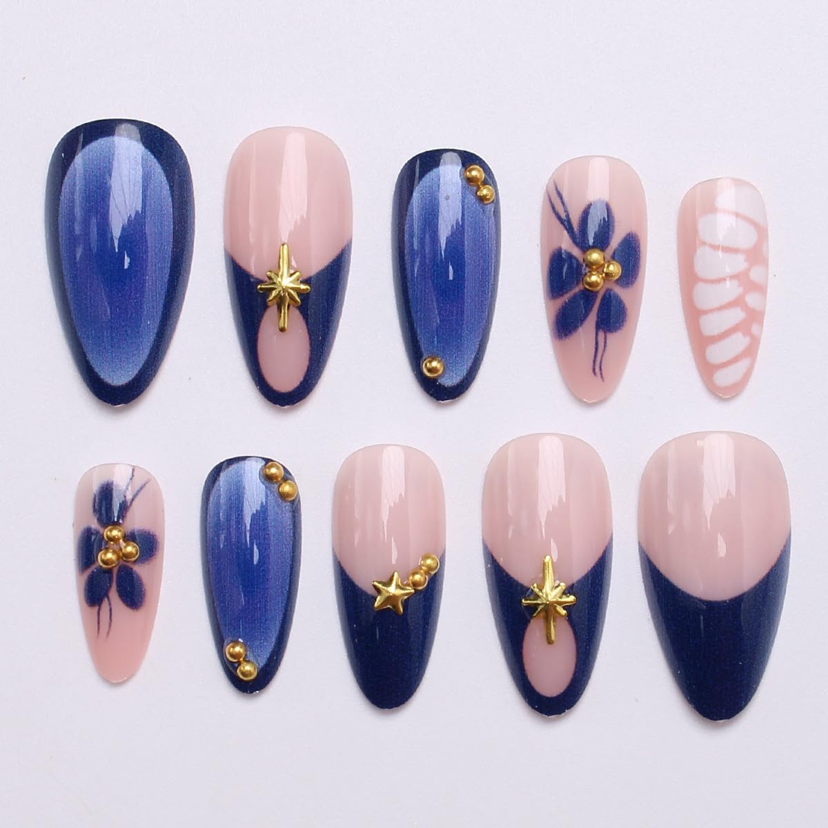 Blue Press on Nails - Medium Stiletto Fake Nails with Flower&Marble Designs False Nails French Tip Glue on Nails Reusable Full Cover Stick on Nails for Women Manicure 24Pcs