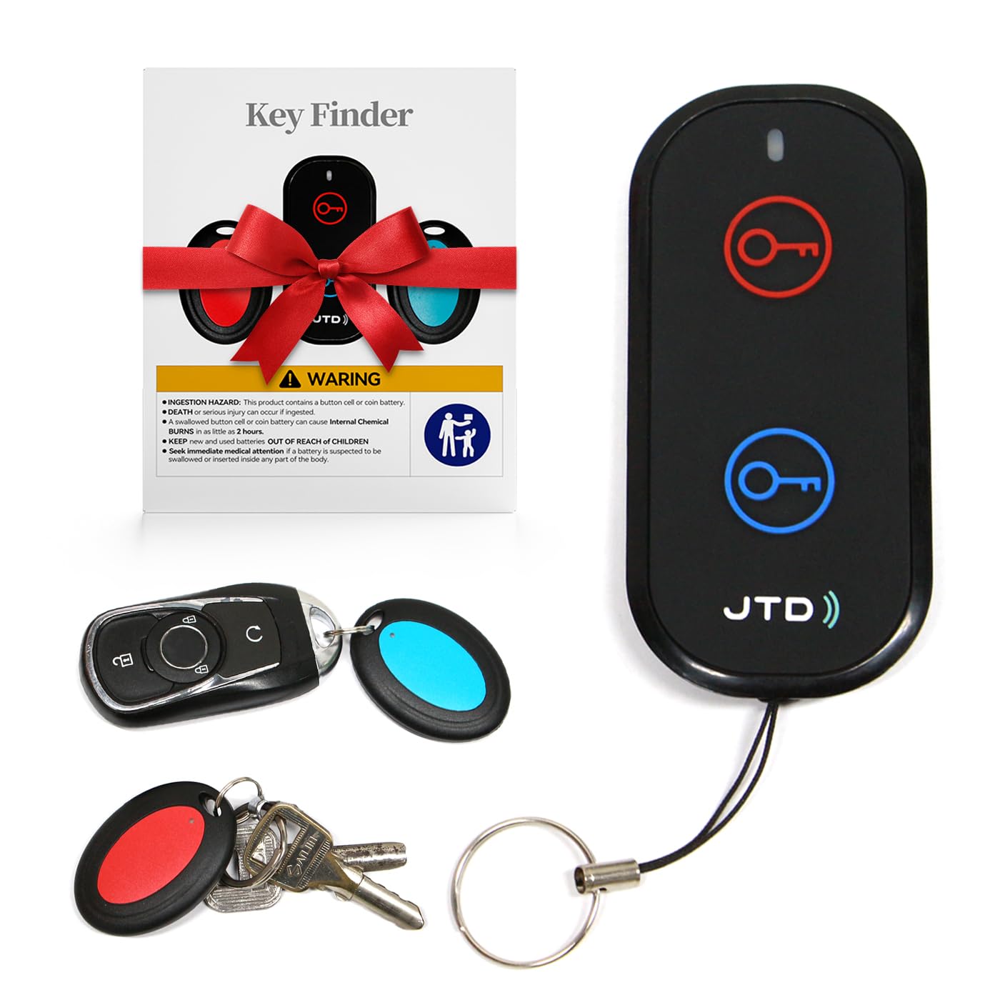 JTD Key Finder Locator with Sound, Remote Finder - 2 Receivers, 1 Car Tracker Keychain,85dB Loud, 131ft Range Tracker for Keys, Wallet, Pet,TV Remote Control - No App Needed Item Finder for Home