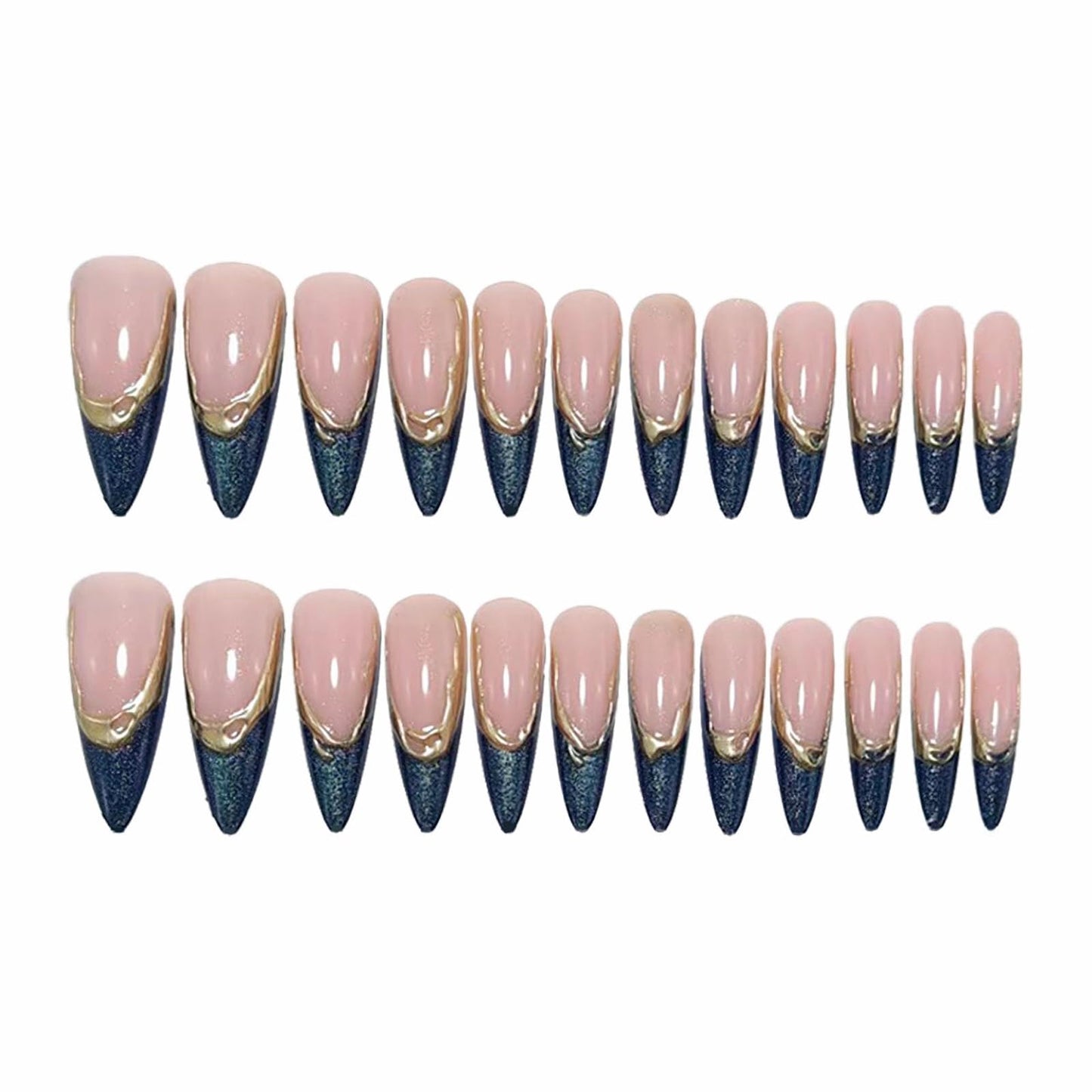 MISUD Press on Nails - Long Stiletto Fake Nails with Blue Cat Eye, Acrylic Gold Chrome Design 24 pcs