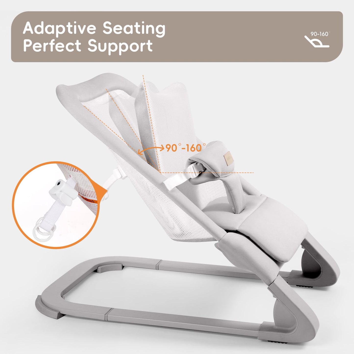 Baby Bouncer for Newborns 0-12 Months: 0-5 Years Portable Infant Seat with Soft Grey Fabric, Adjustable Recline & 3-Point Harness, Supports Up to 60 lbs