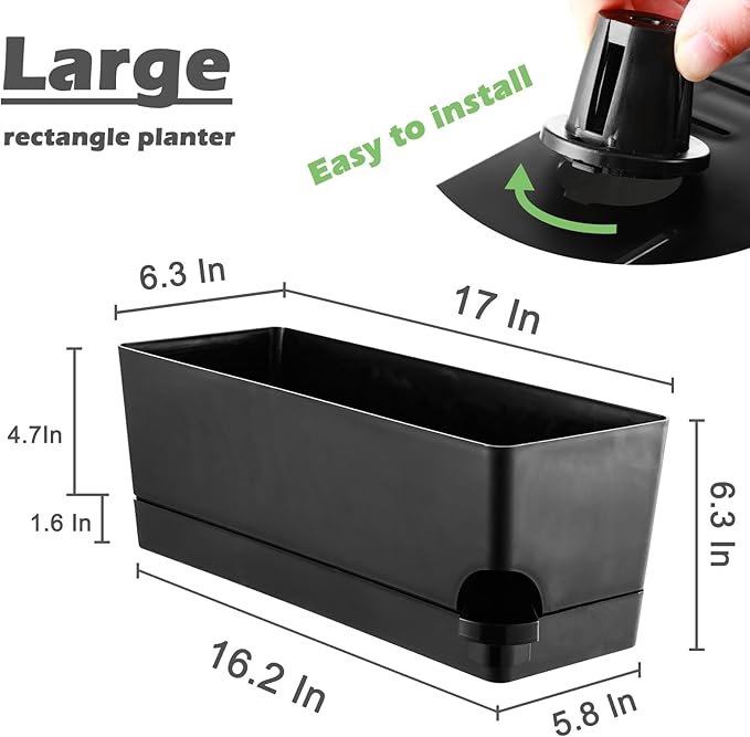 Self Watering Pots for Indoor Plants 17 Inches Window Boxes Planters Rectangular Flower Pots Rectangle Herb Pots Large Plant Pots with Drainage Holes and Saucers Windowsill Planter (2, Black)