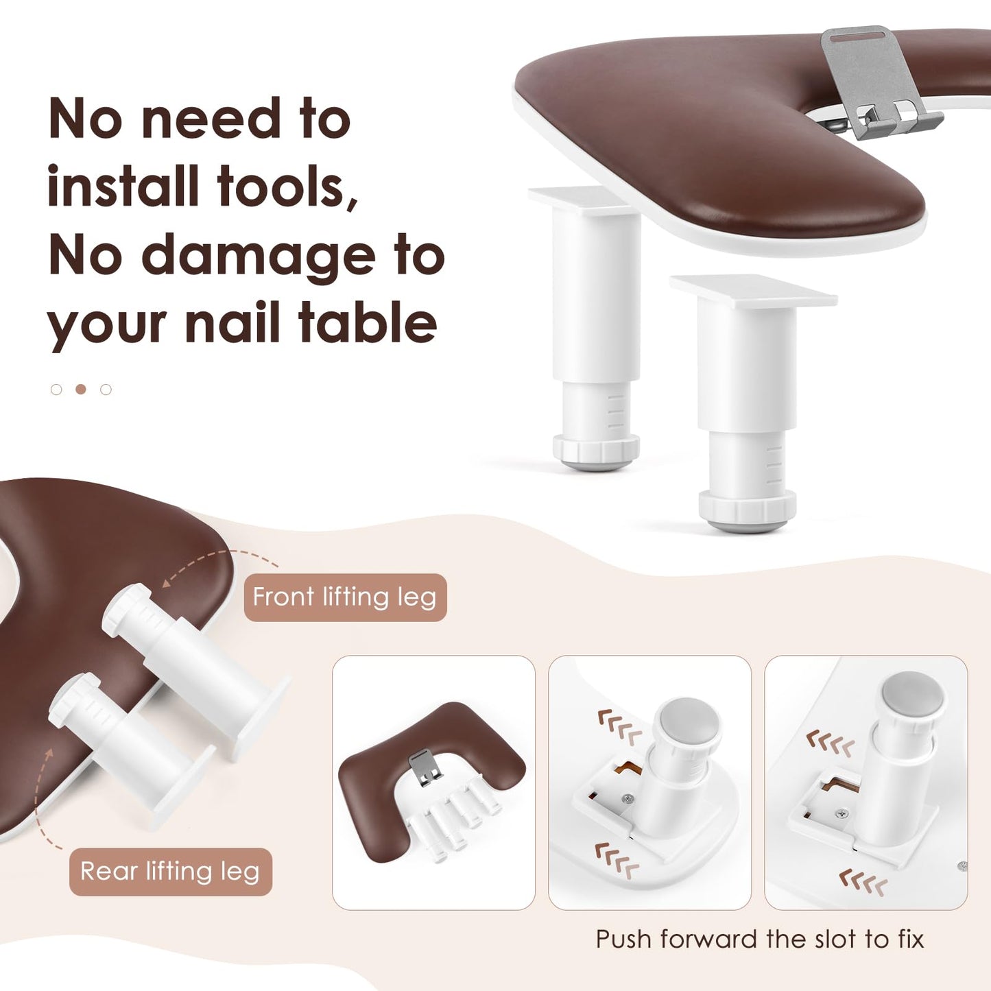 LIONVISON Arm Rest for Nails Tech: U Shaped Adjustable Height Ergonomic Nail Hand Rest Stand PU Leather with Rotating Phone Holder for Nail Salon Manicurist (Brown)