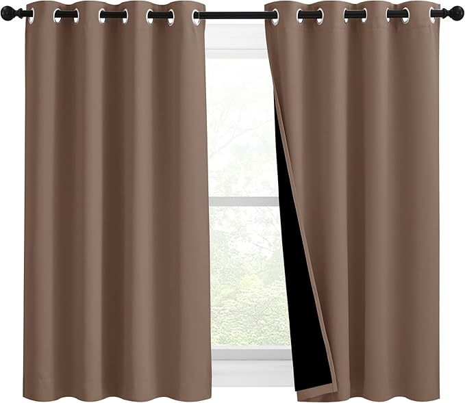 NICETOWN Bedroom Full Blackout Curtain Panels, Super Thick Insulated Window Covers, Keeping Out Cold Air and Heat 100% Blackout Blinds with Black Liner (Cappuccino, Set of 2, 46 by 54-inch)