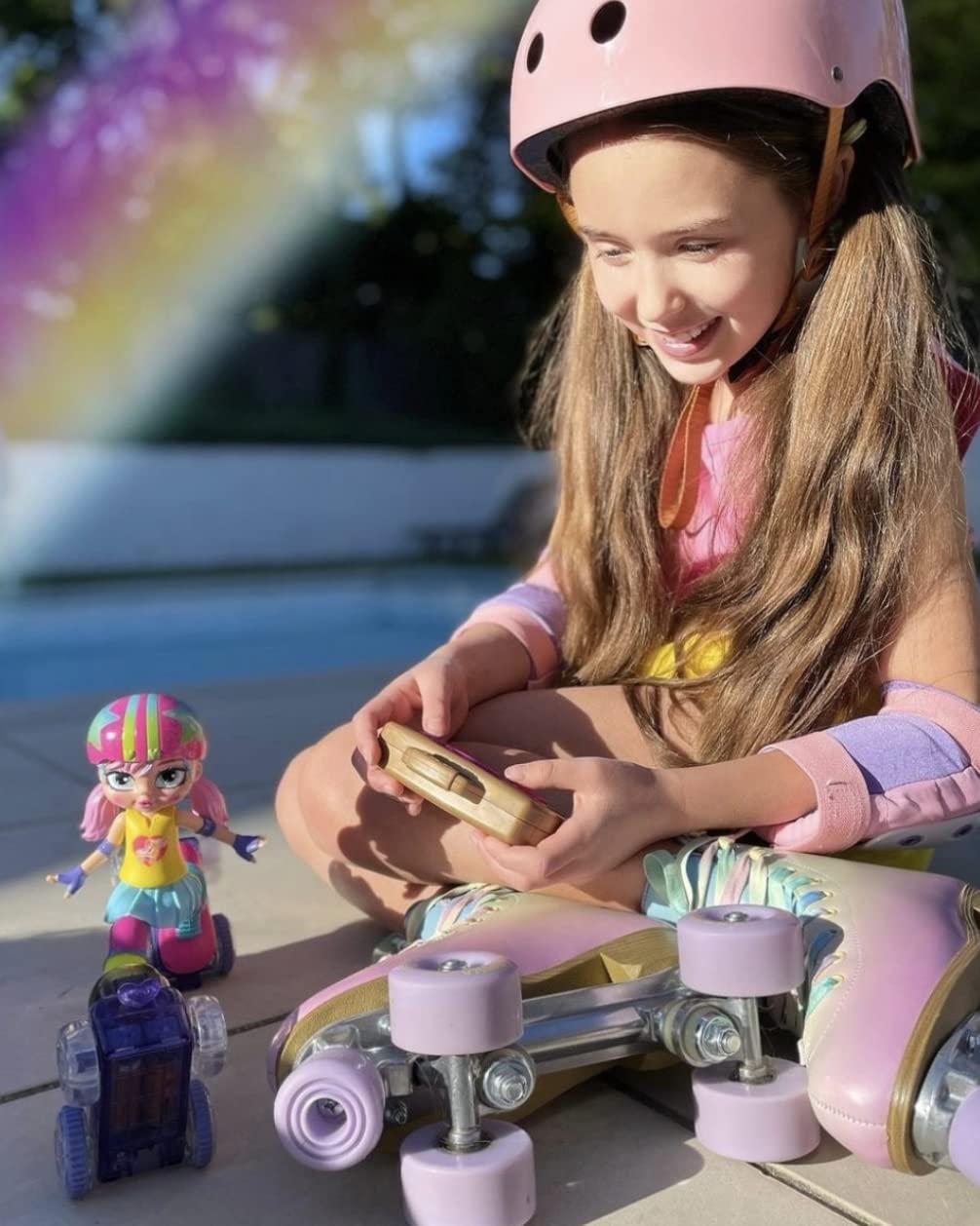 Rock N Rollerskate Doll Rainbow Riley Light Up Remote Control Rollerskating Doll - Plays Music and Skates!, 10" H