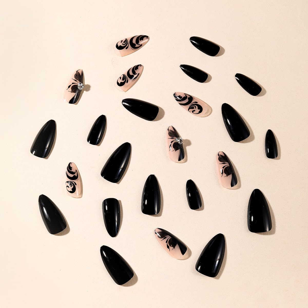 Black Press on Nails Medium Almond Fake Nails Lace Flower Acrylic Nails with Rhinestone Designs Glossy Artificial False Nails Full Cover Glue on Nails Press on for Women Manicure 24Pcs