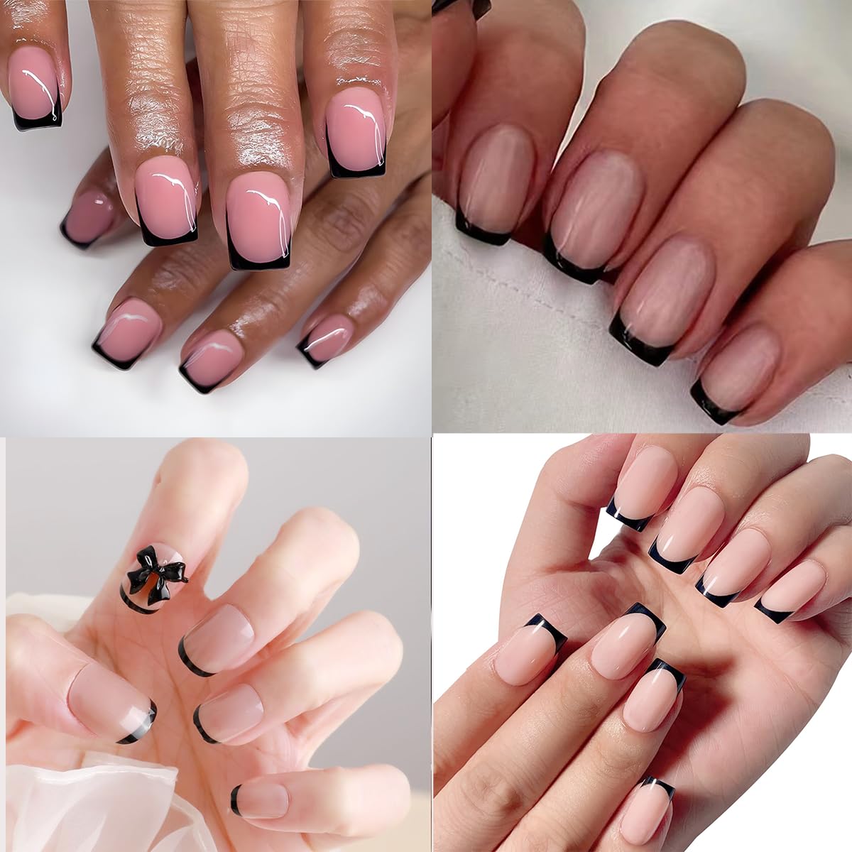 120 Pcs French Tip Press on Nails Short Square Fake Nails Black French Tip False Nails Full Cover Acrylic Glue on Nail Nude Pink Artificial Stick on Nail for Women Manicure