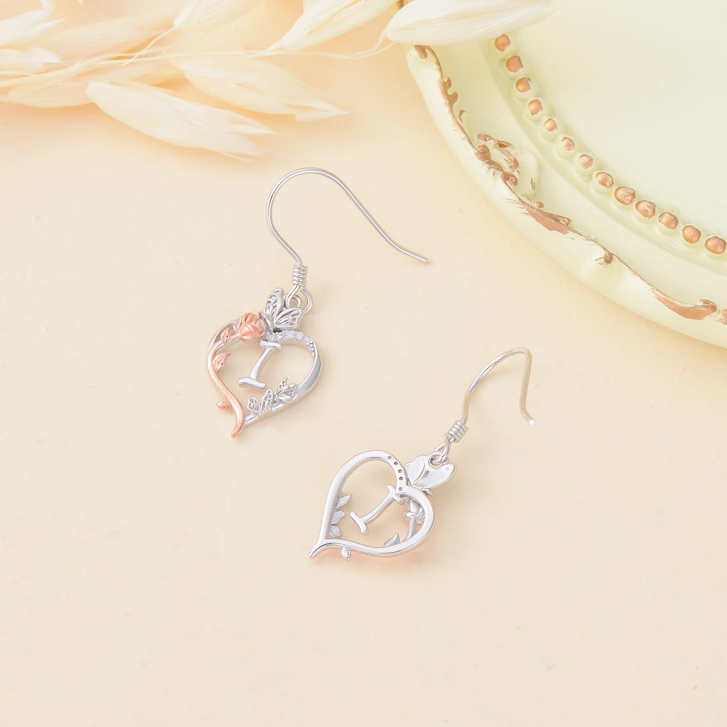 TOUPOP Rose Heart Initial Earrings Sterling Silver Butterfly Earring Initial I Letter Drop Dangle Earrings Jewelry Anniversary Birthday Mothers Day Gifts for Women Mom Wife Girlfriend Her