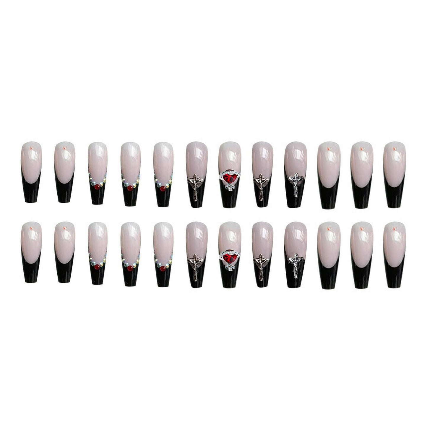 MISUD Press on Nails - Long Coffin Glue on Nails with Goth Black, Acrylic Gothic Cross Design 24 pcs