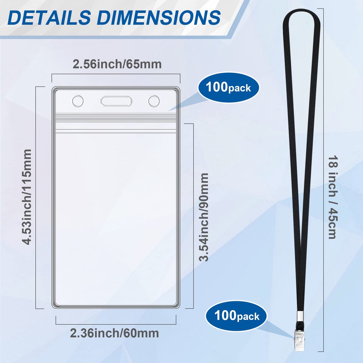 100 Sets Lanyards for Id Badges and Clear Plastic Vertical Name Badge ID Card Holders, Flat Neck Lanyards with Clip Waterproof Resealable Name Tag Badge ID Card Holders, Black