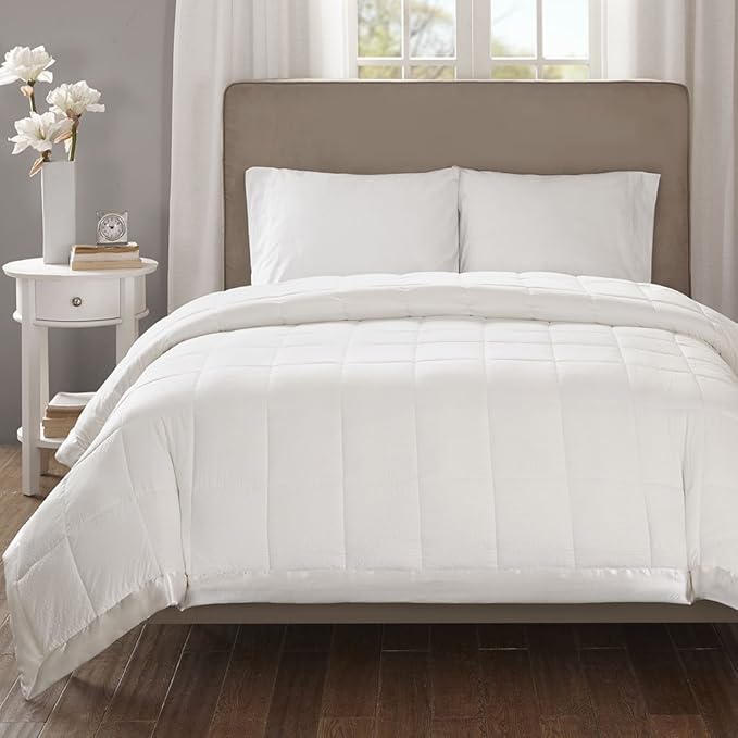 Madison Park Cambria Down Alternative Blanket, Premium 3M Scotchgard Moisture Wicking Treatment, Lightweight and Soft Bed Cover For Summer with Satin Trim, Oversized Twin Ivory