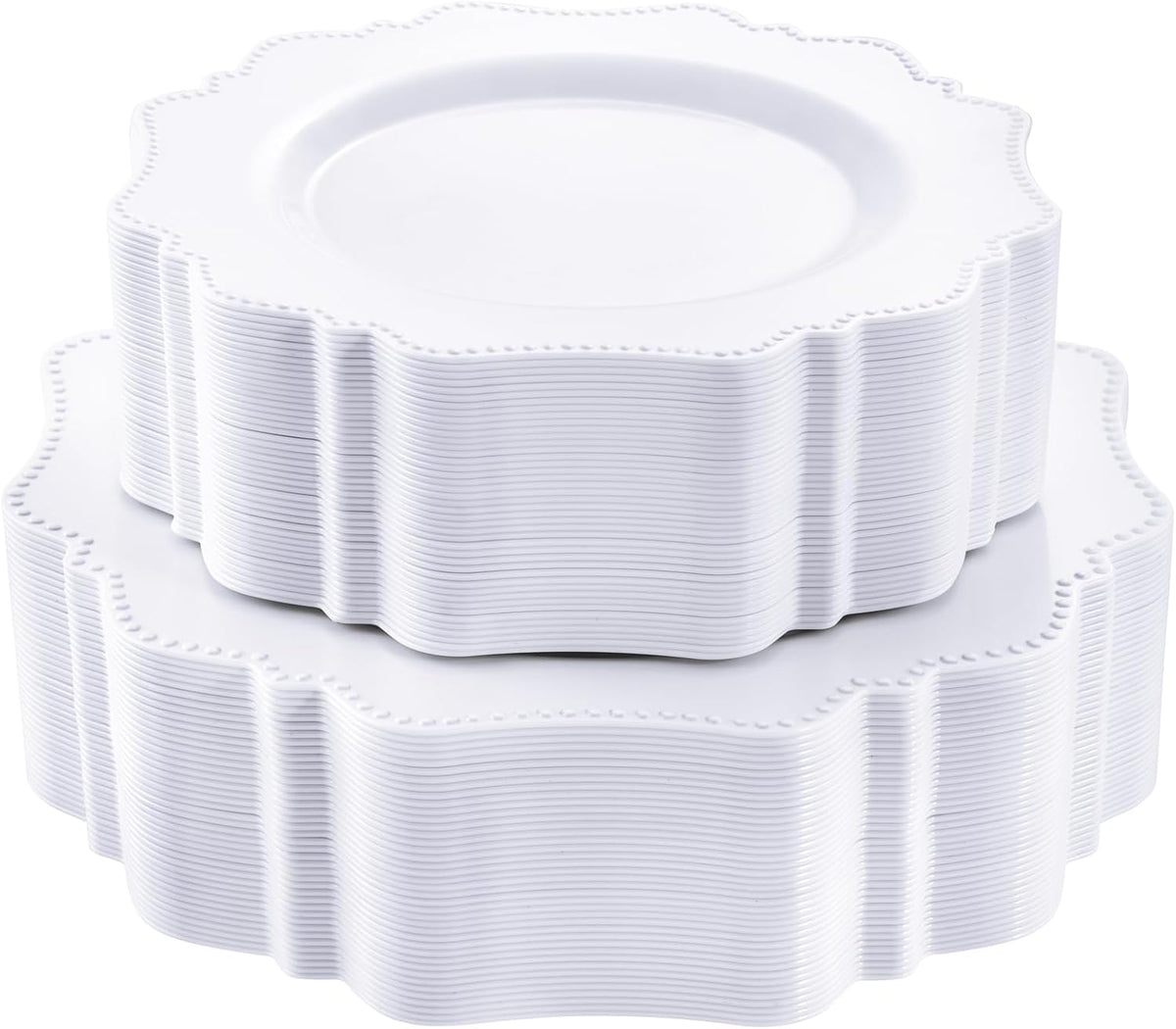 COLOSUS 100 pcs White Plastic Plates Set,Fancy Beaded Plates-European Retro plates include 50 dinner plates and 50 dessert plates,Plastic Disposable plates for Halloween,Thanksgiving,BBQ and Party