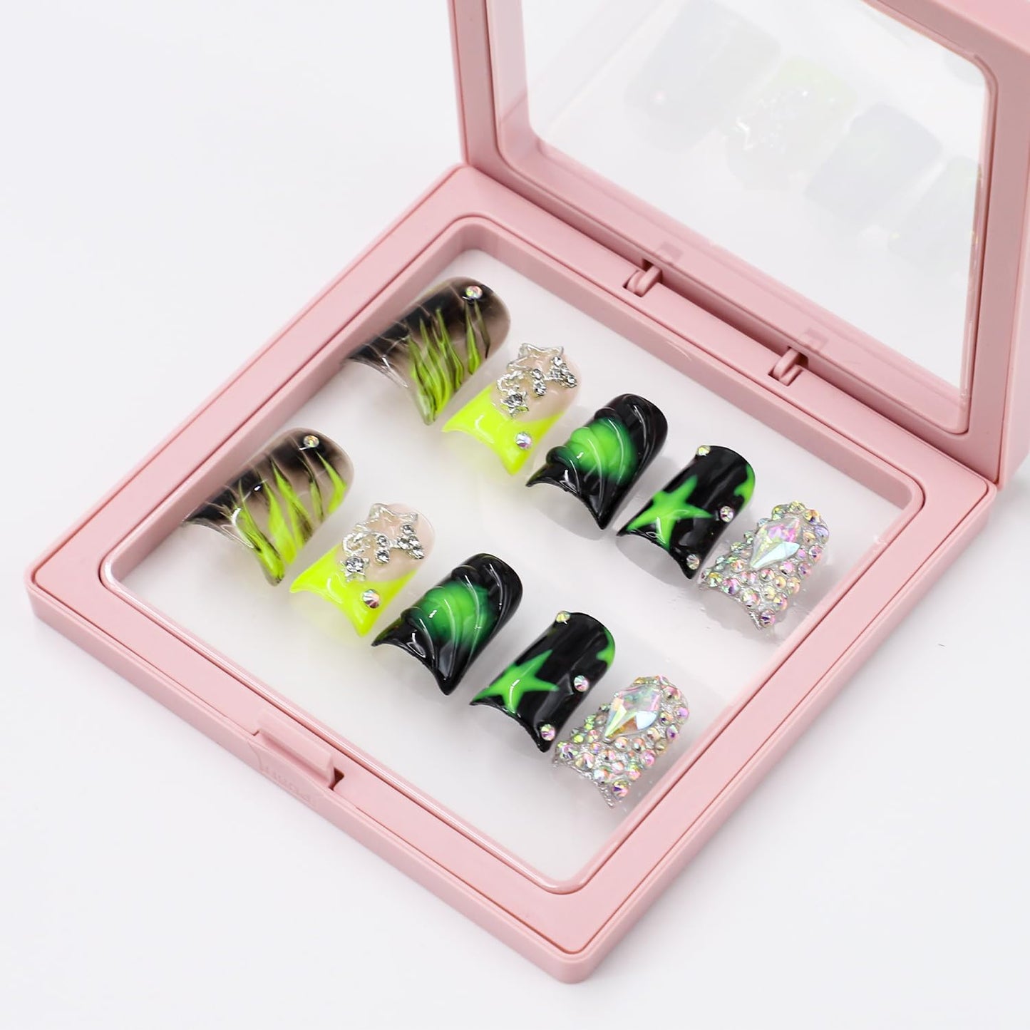 Handmade Press on Nails Medium Duck Nails,Black and Green Fake Nails with Star Rhinestone Design Reusable Acrylic Nature Stick on Nail Y2K False Nails for Wome (Size M)