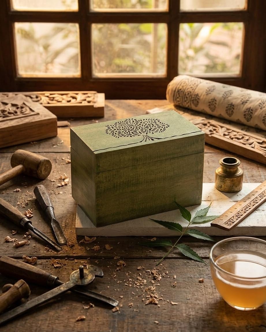 STORE INDYA Wooden Tea Storage Box Compact Organizer Handcrafted with Embossed Tree of Life Design