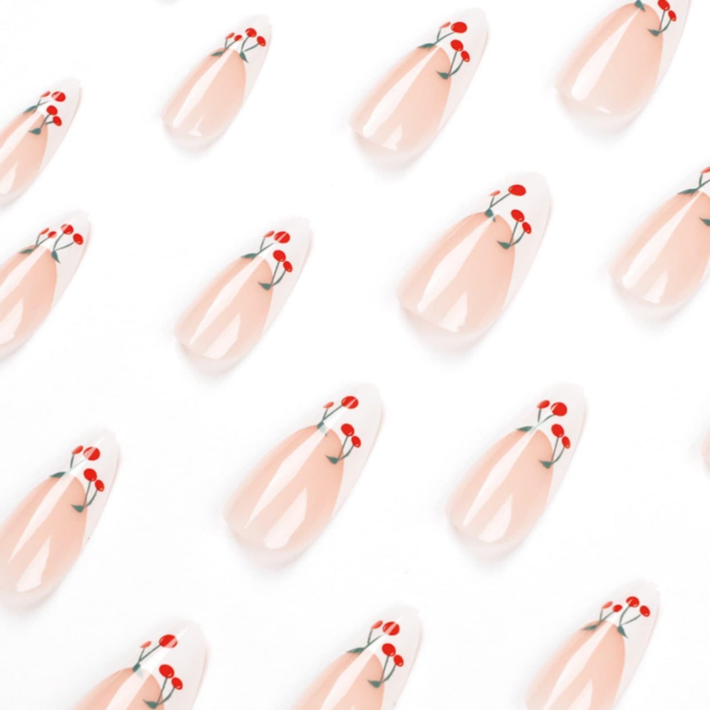 White French Tip Press on Nails Short Almond Fake Nails Cute Nude Pink with Red Cherry Glossy Acrylic Nails Full Cover Glue on Nails Reusable Artificial Stick on Nails for Women 24 Pcs