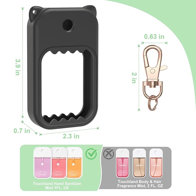 Hand Sanitizer Spray Case for Touchland Silicone Touchland Case Keychain Cute Hand Sanitizer Spray Holder Compatible with Touchland Power Mist Gentle Mist Glow Mist, Black