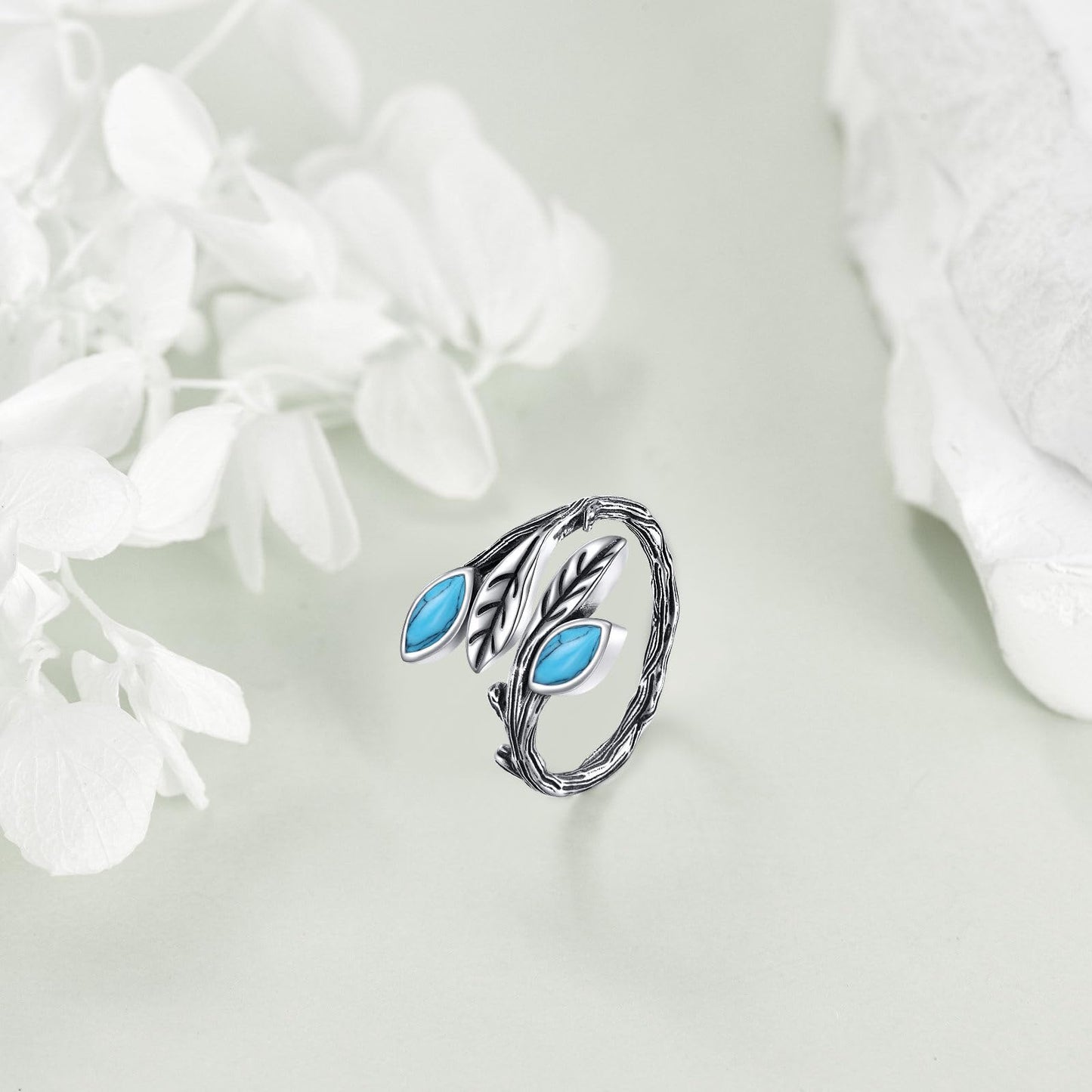 POPLYKE Leaf Turquoise Ring Sterling Silver Boho Adjustable Open Ring Spoon Ring Vintage Thumb Rings for Women