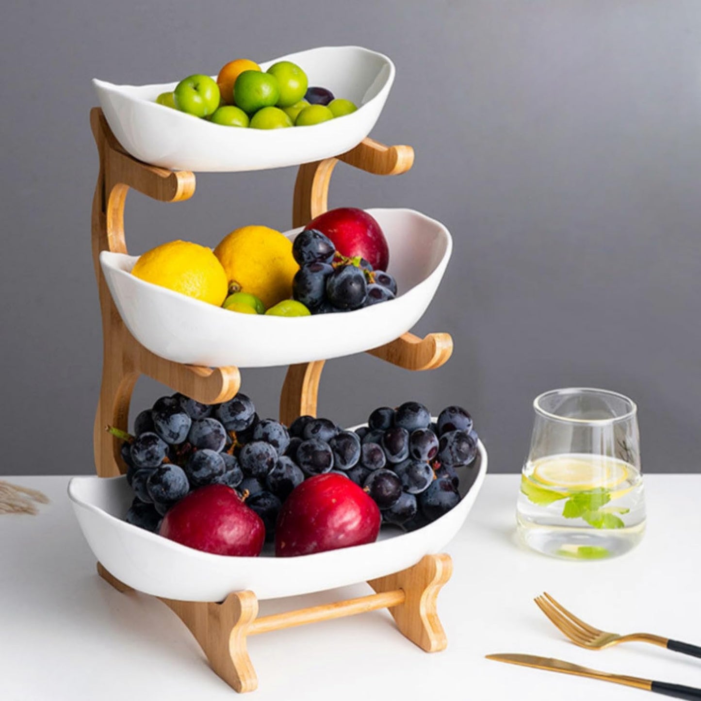 YWHWXB Multi-Layer Fruit Bowl with Natural Bamboo Rack,Plastic Wooden Frame Candy Plate,Large Capacity Snack Bowl Set,Bamboo Food Serving Tray for Kitchen Counter (White, Triple Layer)
