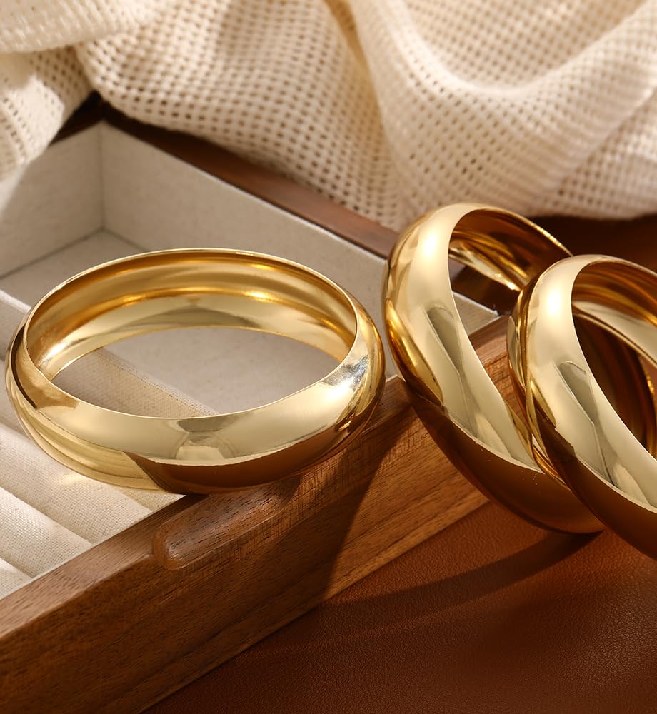 3PCS Chunky Gold Bangle Bracelets for Women, Dainty 14k Gold Plated Big Stackable Bangles Set, Trendy Cuff Bracelet Stack Fashion Jewelry Gifts