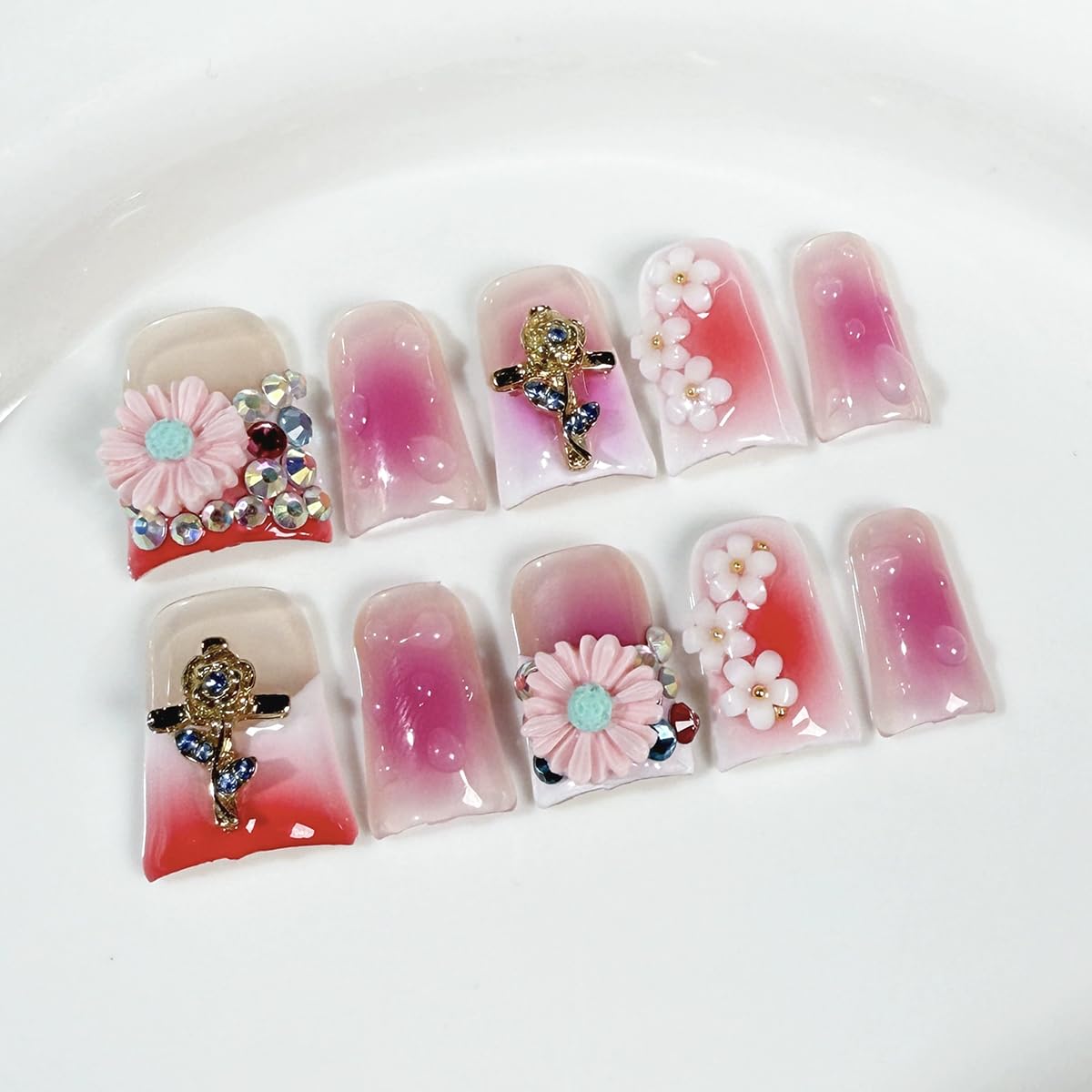 Handmade Press on Nails Duck Medium False Nails Purple French Tip Fake Nails with 3D Flower Designs Charm Cute luxury Acrylic Nails for Women (Size M）10pcs