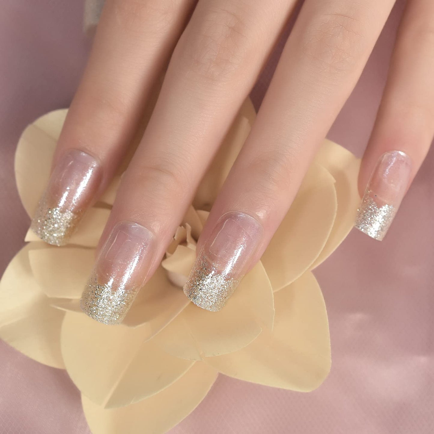 IKISKT Press On Nails - Shiny Glitter French Tips | Litter Yellow Gel Tip l UV Medium Square False Fake Nails, Reusable Glue | 10 Sizes - 24 Nail Kit