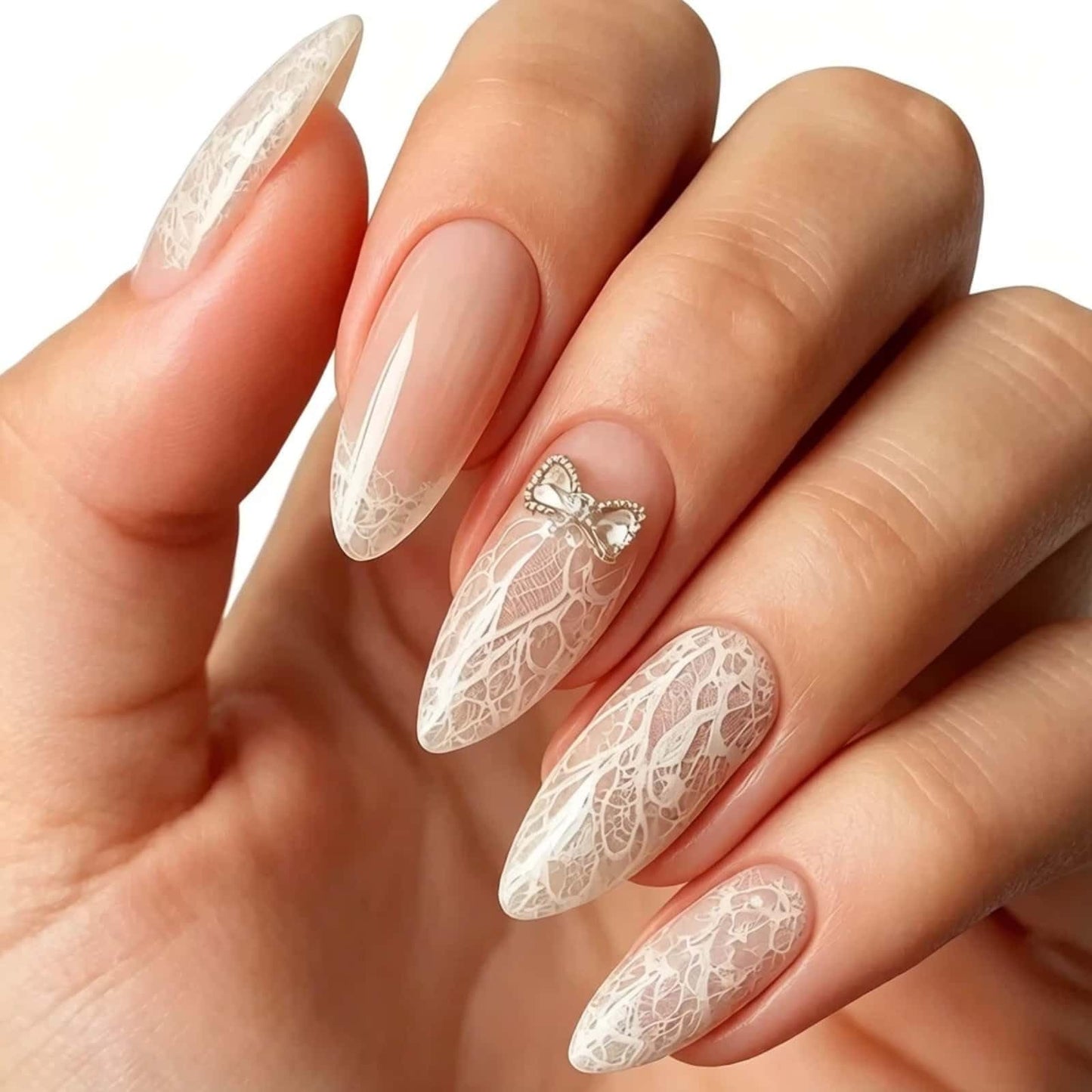 Lace Bow Press On Nails Almond Medium Fake Nails with Rhinestone Bow Design Glossy White Glue on Nails Spring Summer Reusable Artificial Nail Full Cover Stick on Nails for Women 24Pcs