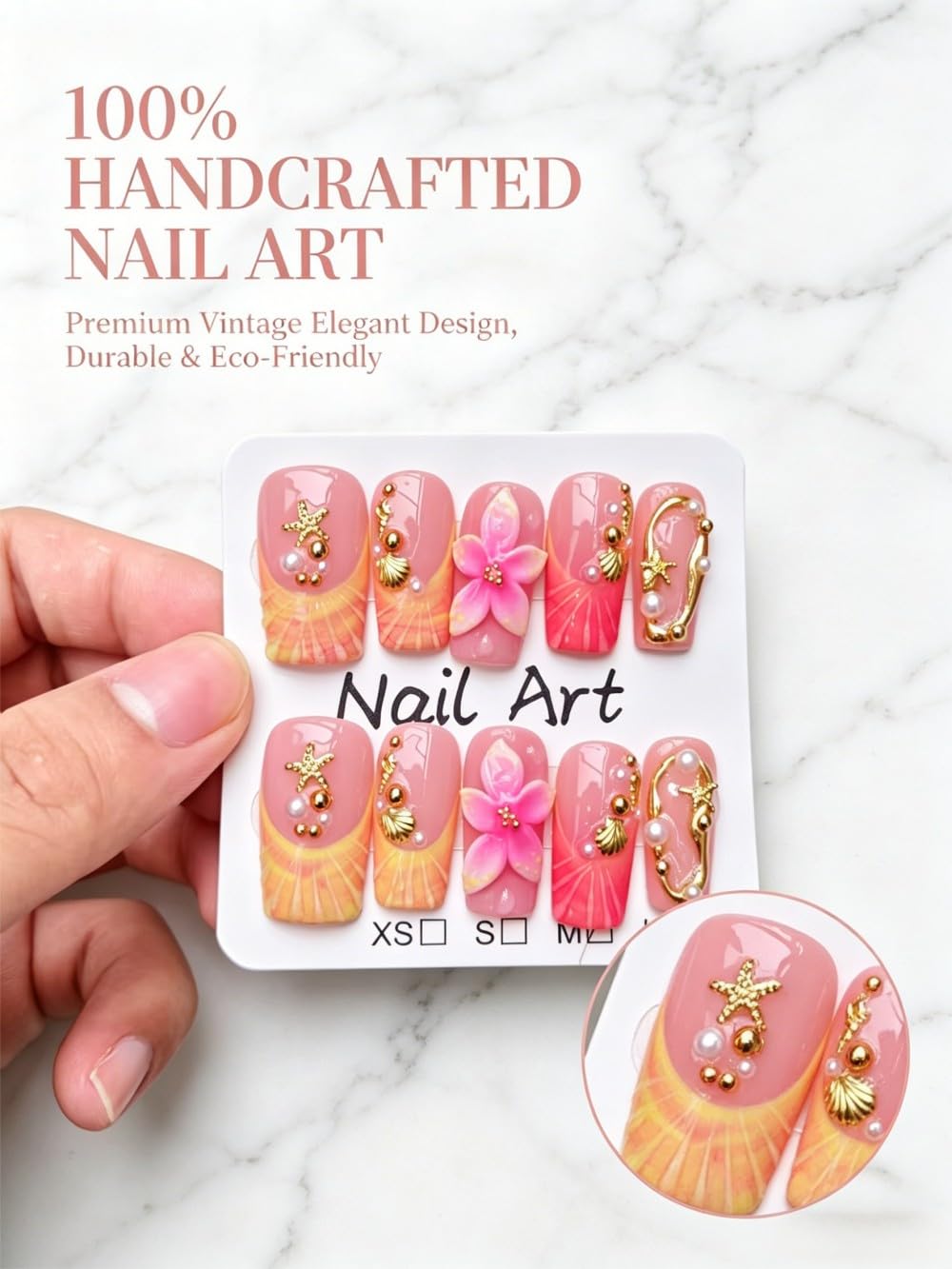 Vokupoga Square Handmade Press on Nails Medium Fake Nails with 3D Flower Pearl Designs French Tip Summer Beach Glossy Acrylic Nails for Women 10Pcs(Size M)