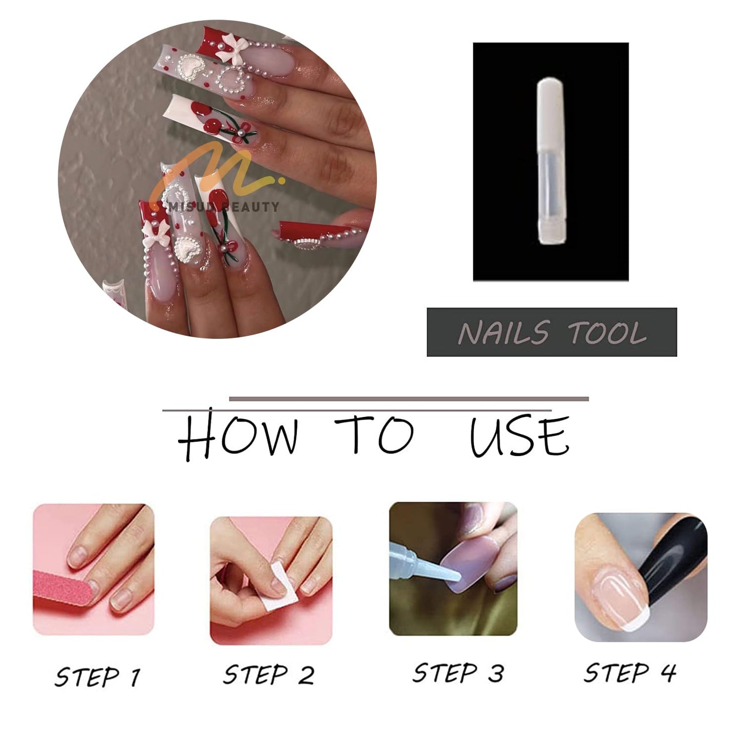 MISUD Press on Nails - Extra Long Square Glue on Nails with Red French Tip, Acrylic Cherry Bow Design 24 pcs