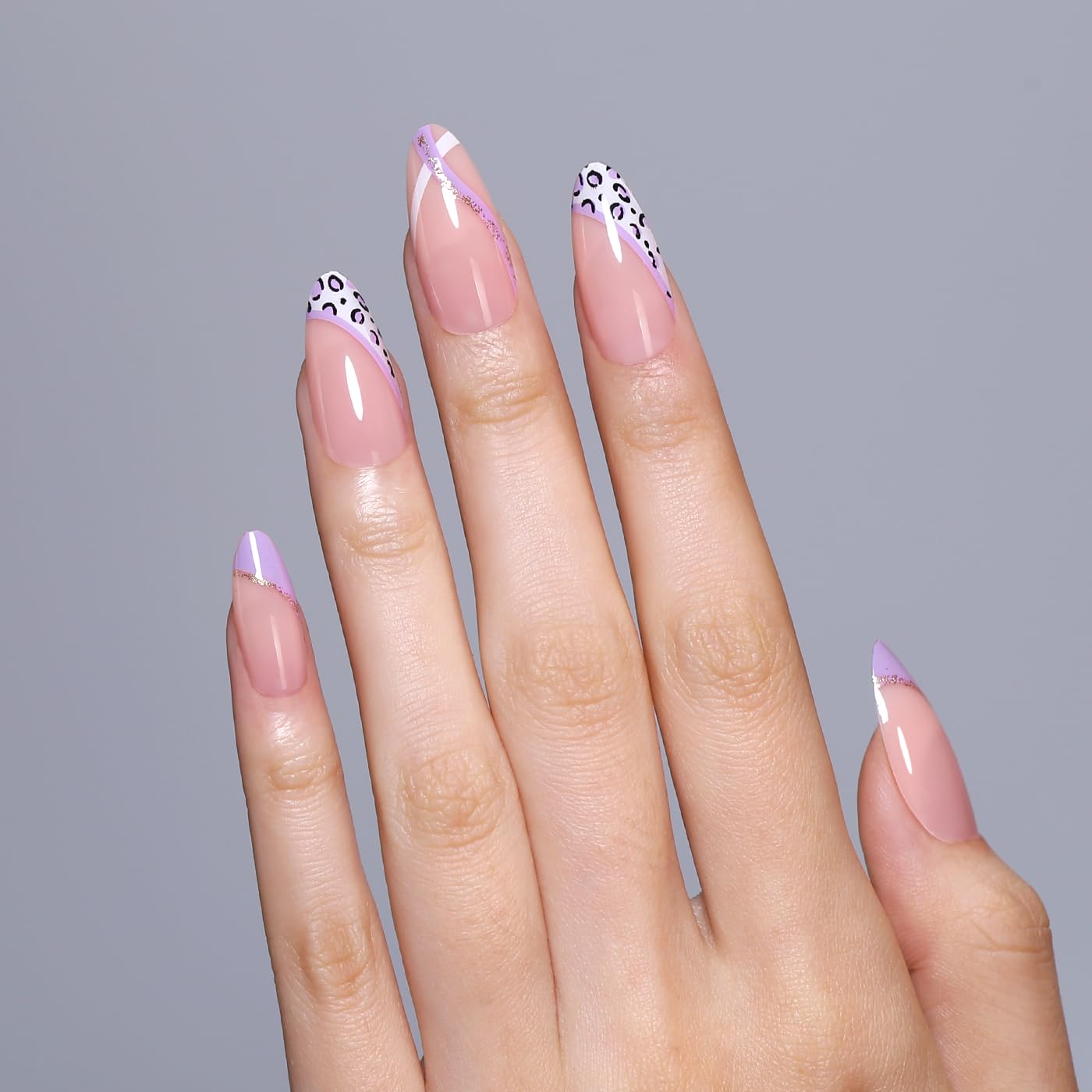 Goolich Milky Pink Press On Nails Medium Almond,Lilac Leopard French Tip Nails Press ons Set with Adhesive Tabs, 24 Pcs 12 Size Reusable Full Cover Glue on Nails for Women