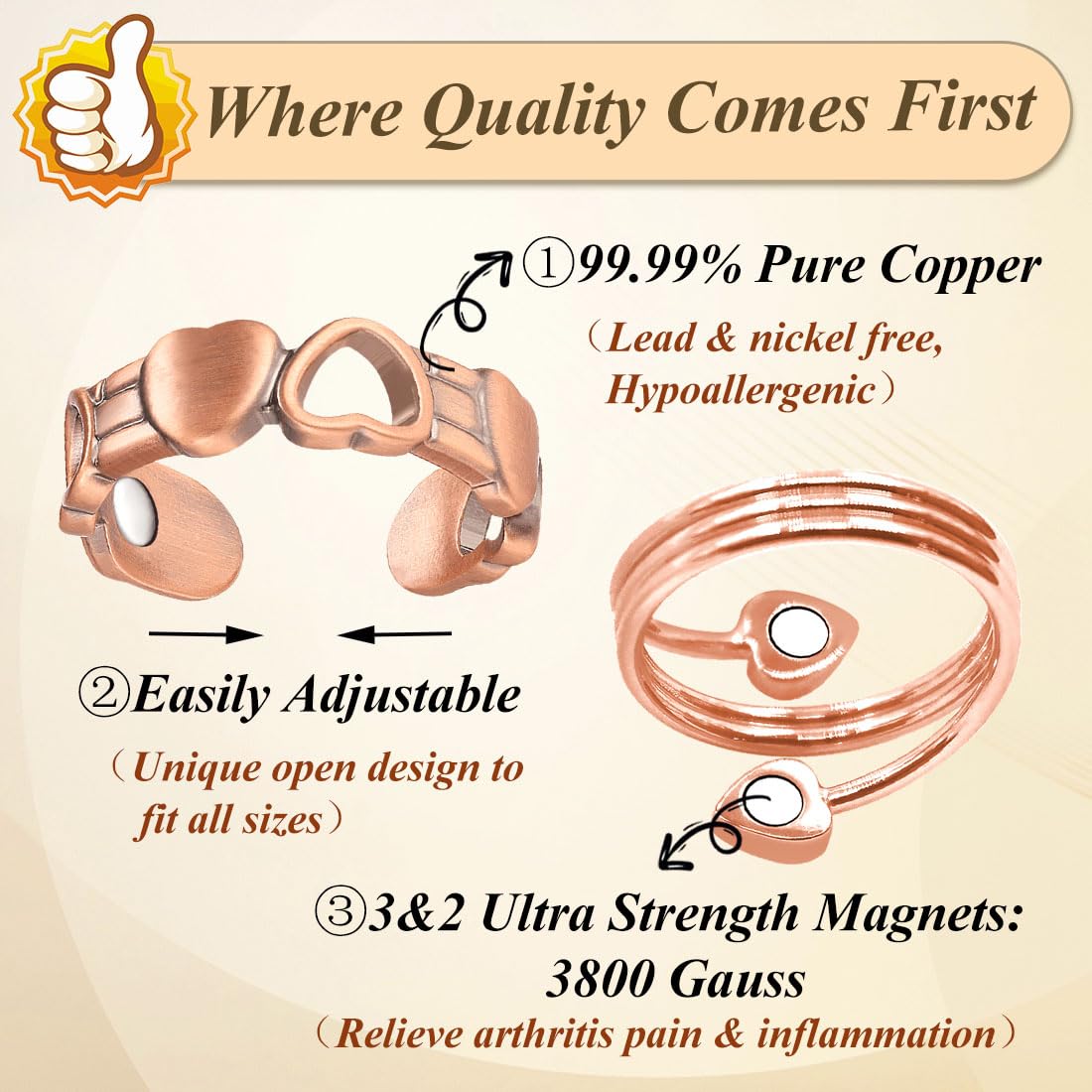 Cigmag 2PCS Copper Rings for Women, with Powerful Magnets, Adjustable Solid Pure Copper (Rose Gold Heart & Love)