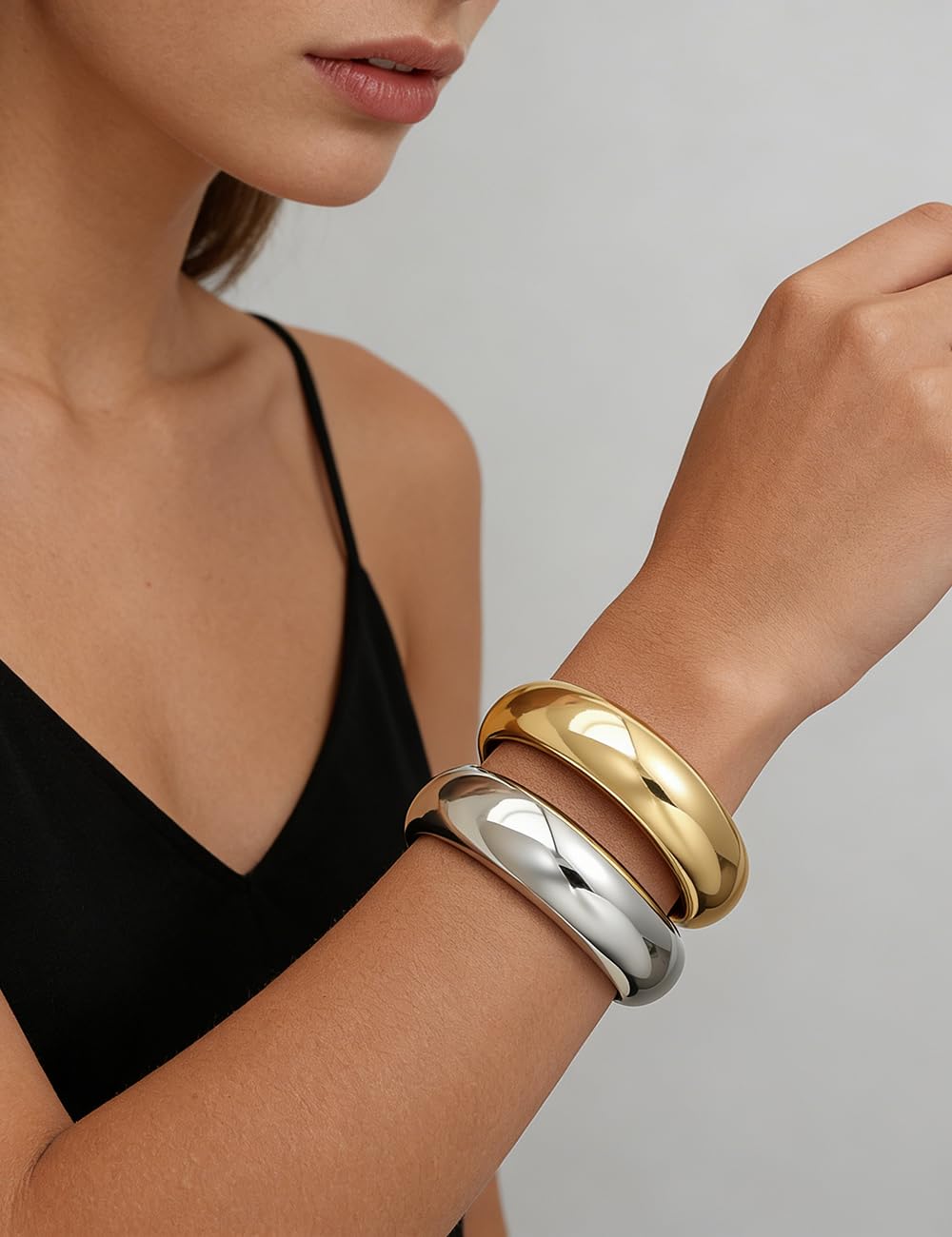 Chunky Gold Bangle Bracelets for Women, Dainty 14k Gold Plated Big Stackable Bangles Set, Trendy Statement Cuff Bracelet Stack Fashion Jewelry Gifts (2 Silver & gold chunky bangles)