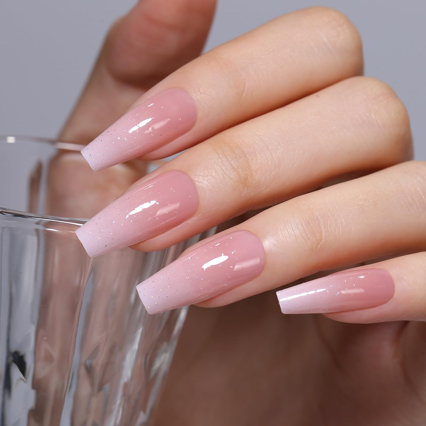 Goolich Pink Ombre Press On Nails Medium Coffin, Pink with Glitter Nails Press ons Set with Adhesive Tabs, 24 Pcs 12 Size Reusable Full Cover Glue on Nails for Women