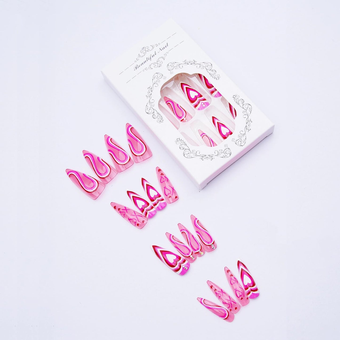MISUD Press on Nails - Long Stiletto Fake Nails with Hot Pink, Acrylic Valentines Heart Design 24 pcs