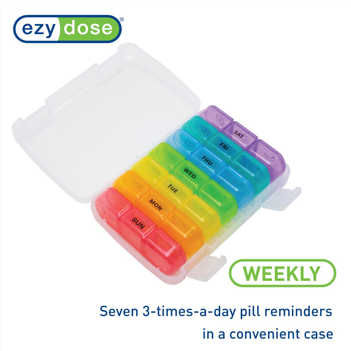 EZY DOSE Weekly (7-Day) Daily Medtime Pill Organizer Case, Vitamin Planner and Medicine Container, Removable Large Pop-Out Individual Compartments, 3 Times a Day, Travel Friendly, Rainbow, BPA Free