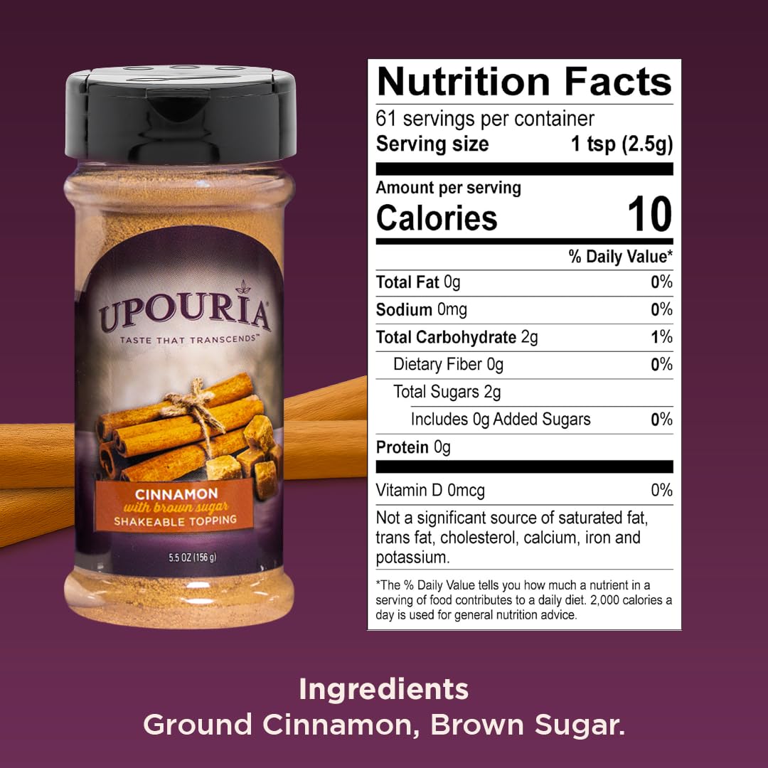 Upouria Cinnamon Brown Sugar Flavored Shakable Topping, Sweet Enhancer for Coffee & Hot Cocoa, 5.5oz