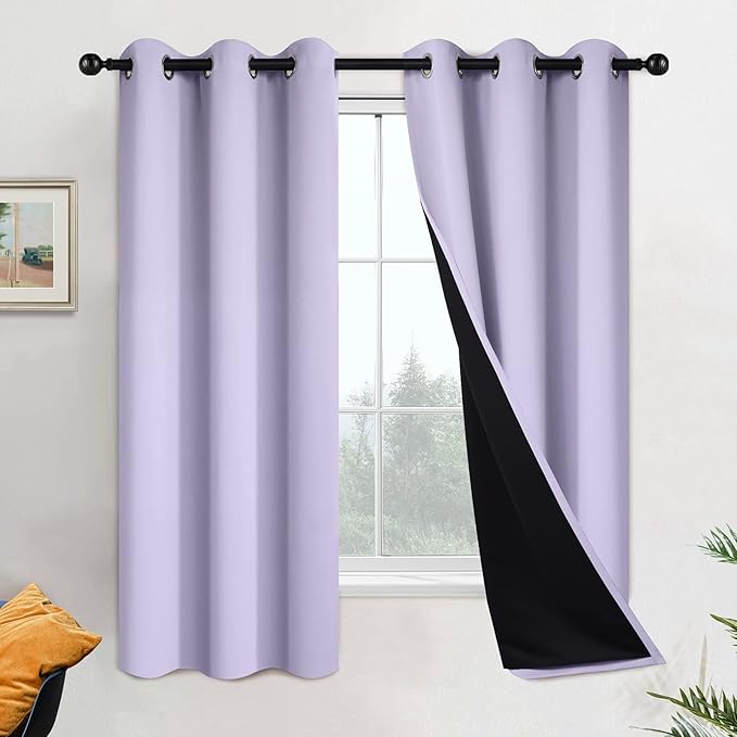 Yakamok 63 Inch Length 100% Blackout Curtains for Bedroom, 2 Thick Layers Thermal Insulated Grommet Total Blackout Drapes with Black Liner for Living Room (42Wx63L,Lilac, 2 Panels)