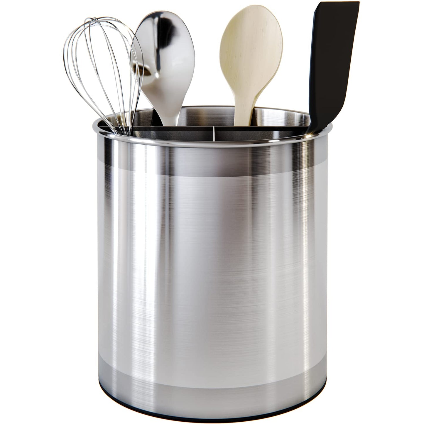 Cooler Kitchen Rotating Extra Large Stainless Steel Utensil Holder Caddy with Sturdy No-Tip Weighted Base, Removable Divider, and Gripped Insert Bottom -Dishwasher Safe Metal Cooking Utensil Holder