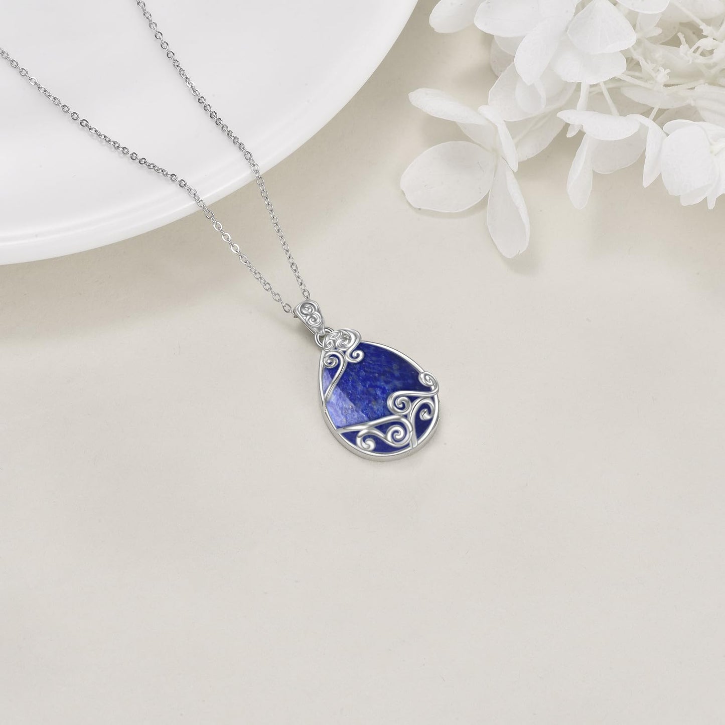 YAFEINI 925 Sterling Silver Lapis Lazuli Necklace Filigree Teardrop Pendant Necklace Jewellery for Women (P-Lapis Lazuli)