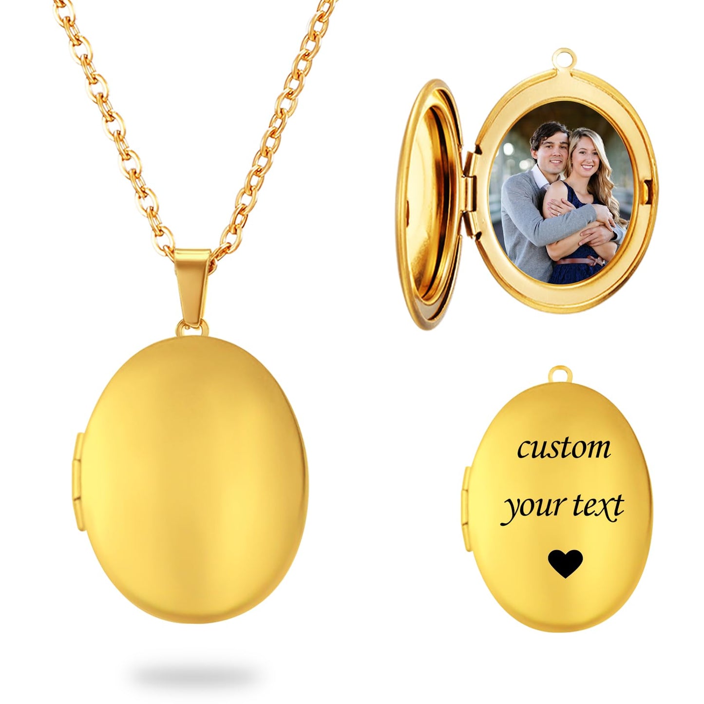 PHOCKSIN Glossy Gold Lockets Personalized Oval Locket Necklace Custom Photo Locket Necklace for Women Picture Locket Necklaces withe Text Engraved Customized Gifts for Birthday