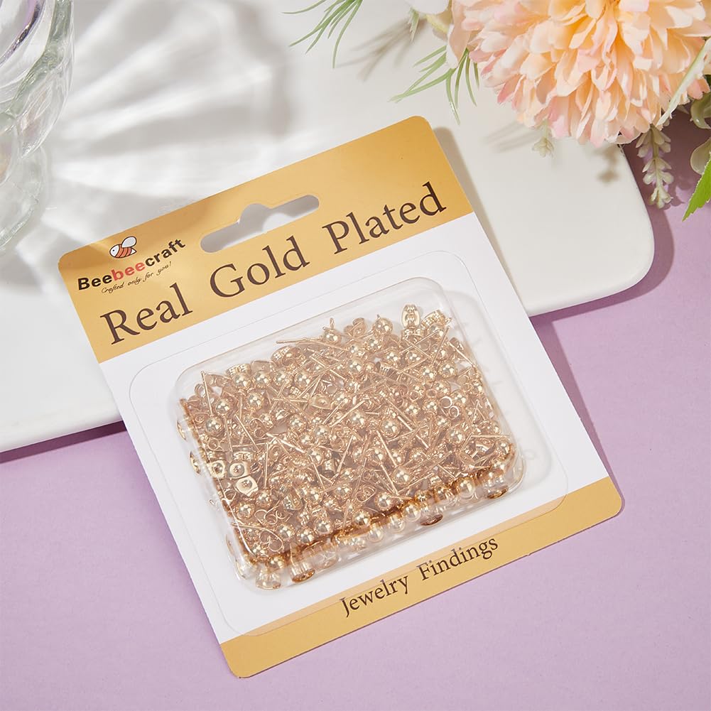Beebeecraft 1 Box 100Pcs Ball Post Earring Studs Gold Earring Posts with Loop Small 5mm Round Ball 24K Gold Plated Stainless Steel Stud Earring Findings for Jewelry Making Earrings Supplies DIY Crafts