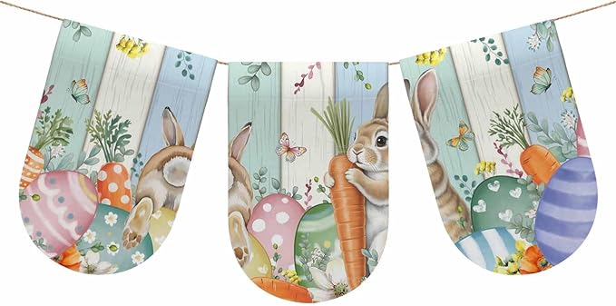 Easter Banner 3Pcs Indoor Outdoor Hanging Banner Flag Spring Rabbit Eucalyptus Leaves Eggs Wooden Sign for Fireplace Mantel Decorative Bunting Garland Valance for Shop Door Mantle Decor 9.8"x15.8"