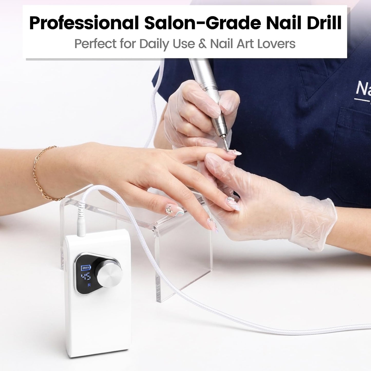 YSC Electric Nail Drill - 45000RPM Rechargeable Efile with Coreless Motor, Waterproof Nail Drill for Acrylic Nails, Portable Efile Kit for Home Salon Manicure Pedicure, Low Noise & Vibration White