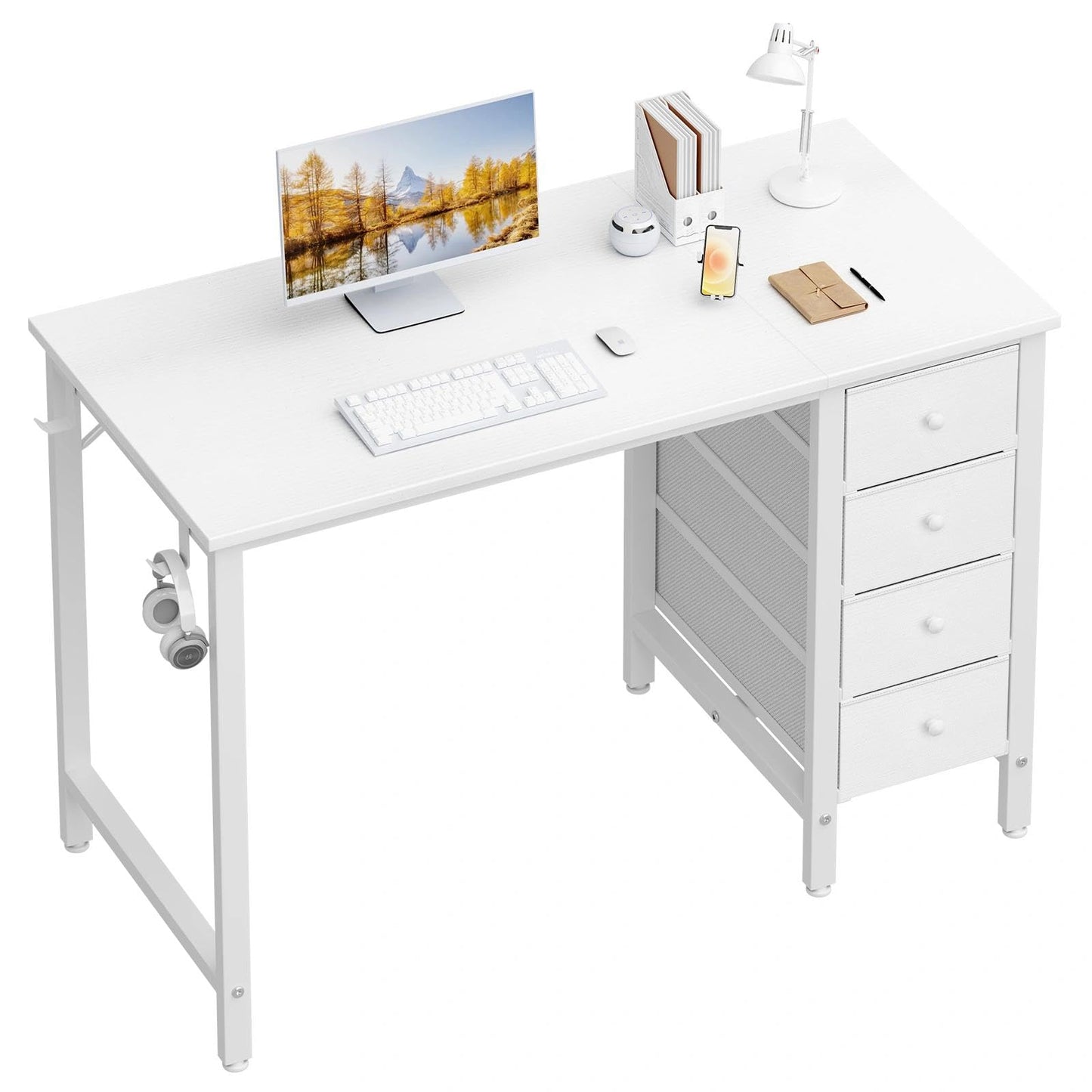 Lufeiya Small White Desk with Drawers for Bedroom, 40 Inch Kids Girls Study Desks, Reversible Computer Writing Nail Table with Fabric Drawer for Small Spaces Home Office Manicure